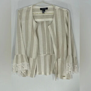Ellen Tracy Linen Blend Lace Lagenlook Beachy Boho Open Front Kimono Top
